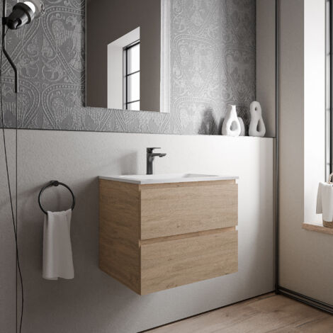 BERNSTEIN - Meuble vasque suspendu salle de bain MDF Chêne miel, lavabo fonte minérale Blanc mat + trou robinet - 60x46x50cm - AVA CREAM Chêne Miel doré, Blanc mat avec trou pour robinetterie