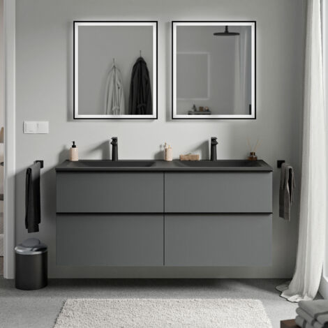 BERNSTEIN - Meuble vasque suspendu MDF Anthracite mat, lavabo fonte Noir mat + trou robinet, poignée Chrome - 120x46x62cm - LAVOA