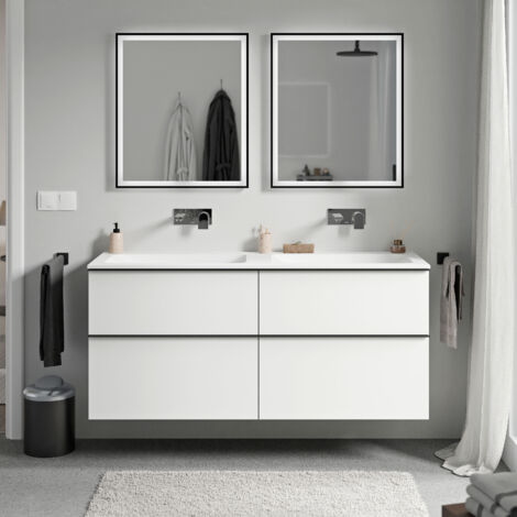 BERNSTEIN - Meuble vasque suspendu MDF Blanc mat, lavabo fonte Blanc mat sans trou robinet, poignée Chrome - 120x46x62cm - LAVOA (1/5)