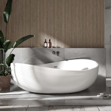 BERNSTEIN - Baignoire îlot Acrylique ovale design 180x110x62cm Blanc brillant + Bonde et trop plein - WAVE Blanc brillant