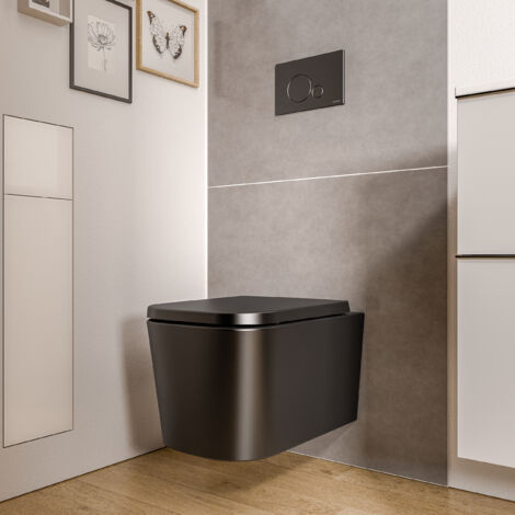 Bernstein – WC suspendu noir mat 36x52x36cm – Sans rebord – Abattant soft-close DuroPlast – Sortie horizontale – Chasse 3/6L