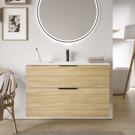 BERNSTEIN - Meuble vasque Beige de salle de bain 100x46x62cm (LxPxH) + vasque céramique, 2 tiroirs, Poignées Noir mat - TIM100 (1/5)