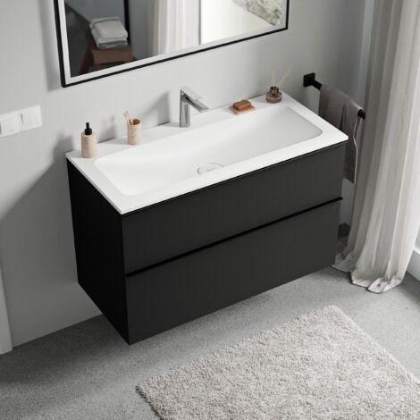 Meuble Vasque Suspendu Salle De Bain - 190 Cm Chêne Avec 3 Tiroirs - Lavabo En Fonte Minérale Blanc Mat