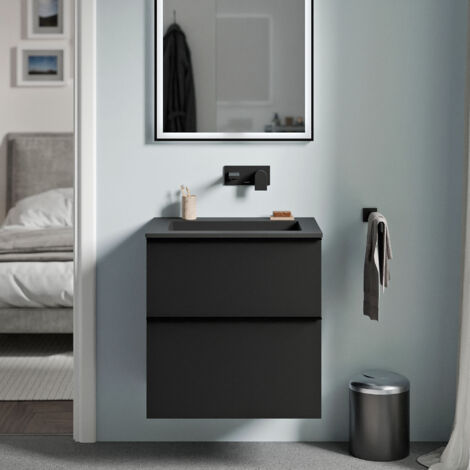 BERNSTEIN - Meuble vasque suspendu MDF Noir mat, lavabo fonte Noir mat sans trou robinet, poignée Chrome - 60x46x62cm - LAVOA (1/5)