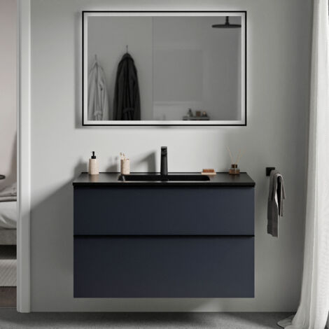 Meuble Vasque Suspendu Salle De Bain 190 Cm – 2 Tiroirs, Béton Effet, Lavabo Céramique Blanc