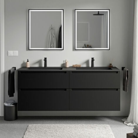 BERNSTEIN - Meuble double vasque suspendu salle de bain MDF Noir mat, lavabos fonte minérale Noir mat + trous robinet, tiroirs passe-main pivotants - 160x46x62cm - VIREO Noir mat, Noir mat avec trou p