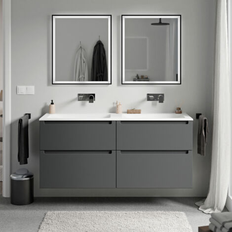 BERNSTEIN - Meuble double vasque suspendu MDF Anthracite mat, lavabos fonte Blanc mat sans trou robinet, tiroirs pivotants - 120x46x62cm - VIREO