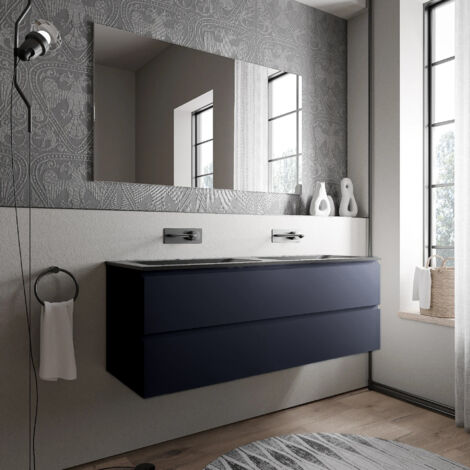 BERNSTEIN - Meuble double vasque suspendu MDF Bleu foncé mat, 2 lavabos fonte Noir mat sans trou robinet - 140x46x50cm - AVA BRUXELLES