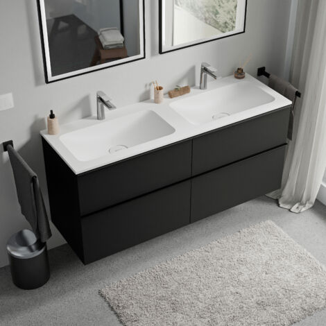 BERNSTEIN - Meuble vasque suspendu MDF Noir mat, lavabo fonte Blanc mat + trou robinet, poignée Chrome - 140x46x62cm - LAVOA (1/5)