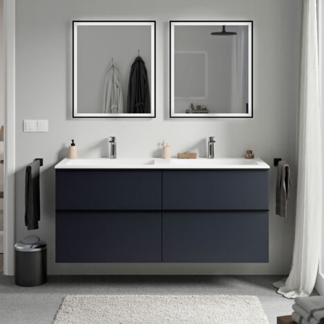 BERNSTEIN - Meuble Vasque Suspendu MDF Chêne Miel, Lavabo Fonte Blanc Mat Sans Trou Robinet Poignee Antracite Mat 60x46x62cm Lavoa 96915174