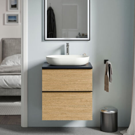 BERNSTEIN - Meuble sous vasque suspendu MDF Chêne miel, plan vasque Bleu nuit mat, poignée Chrome - 60x46x62cm - LAVOA (1/5)