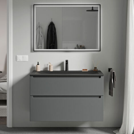 BERNSTEIN - Meuble vasque suspendu MDF Anthracite mat, lavabo fonte Noir mat + trou robinet, tiroirs pivotants - 100x46x62cm - VIREO (1/5)