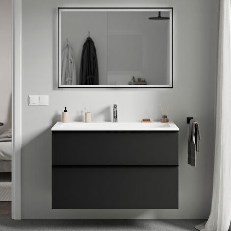 BERNSTEIN - Meuble vasque suspendu MDF Noir mat, lavabo fonte Blanc mat + trou robinet, poignée Noir mat - 100x46x62cm - LAVOA (1/5)