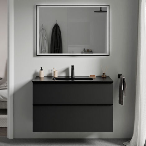BERNSTEIN - Meuble vasque suspendu MDF Noir mat, lavabos Noir mat + trou robinet, poignée Anthracite mat - 81x64x47cm - LAVOA (1/5)