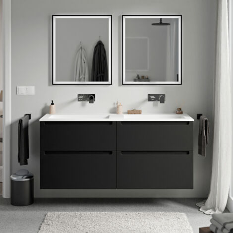 Meuble Vasque Suspendu Salle De Bain 190 Cm - Plan En Fonte Minérale Blanc, 3 Tiroirs, Finition Chêne (MDF)