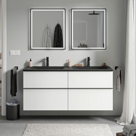 BERNSTEIN - Meuble vasque suspendu MDF Blanc mat, lavabo fonte Noir mat + trou robinet, poignée Chrome - 140x46x62cm - LAVOA (1/5)