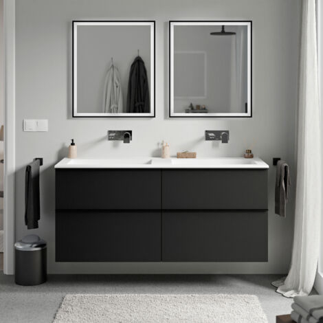 BERNSTEIN - Meuble vasque suspendu MDF Noir mat, lavabo fonte Blanc mat sans trou robinet, poignée Anthracite mat - 120x46x62cm - LAVOA