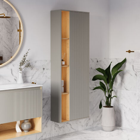 BERNSTEIN - Meuble Colonne Armoire suspendue Gris soie mat MDF 60x24x170cm (LxHxP), Charnières flexibles gauche/droite - BELDIVO