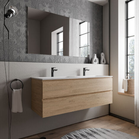 BERNSTEIN - Meuble double vasque suspendu MDF Chêne miel, 2 lavabos fonte Blanc mat + trous robinets - 140x46x50cm - AVA BRUXELLES Chêne Miel doré, Blanc mat avec trou pour robinetterie