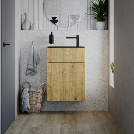 BERNSTEIN - Meuble vasque suspendu MDF Chêne miel, lavabo Noir mat + trou robinet & Bonde, Charnière porte à gauche - 50x26x72cm - KONDA (1/5)