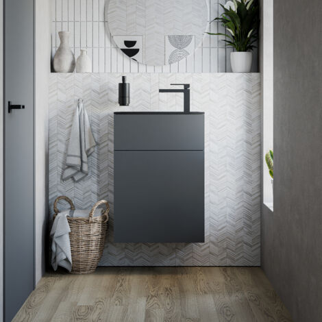 BERNSTEIN - Meuble vasque suspendu MDF Graphite mat, lavabo Noir mat + trou robinet & Bonde, Charnière porte à gauche - 50x26x72cm - KONDA (1/5)