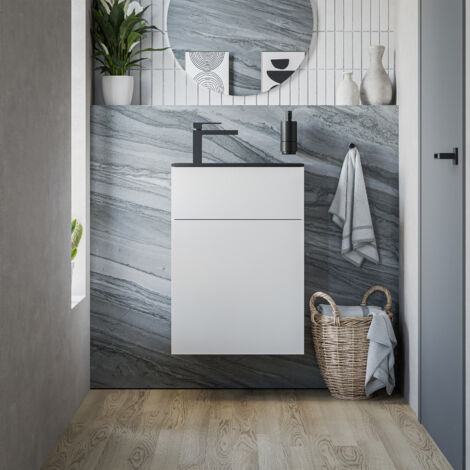 BERNSTEIN - Meuble vasque suspendu MDF Blanc mat, lavabo Noir mat + trou robinet & Bonde, Charnière porte à droite - 50x26x72cm - KONDA (1/5)