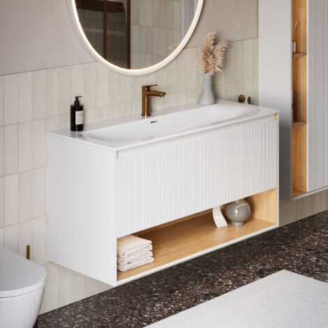 BERNSTEIN - Meuble vasque suspendu MDF Blanc mat, lavabo Blanc brillant + 1 trou robinet, trop plein & Bonde - 123x49x62cm - BELDIVO (1/5)