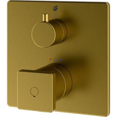BERNSTEIN - Robinet mitigeur thermostatique de douche mural encastré Laiton Or brossé, 2 sorties, Fonction anti-brûlure - 14x14x7cm (LxHxP) - LAVOA Or brossé