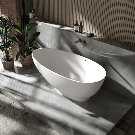 BERNSTEIN - Baignoire îlot Fonte minérale ovale 150x75x52cm + Bonde et trop plein - Blanc mat - VIGO (1/5)