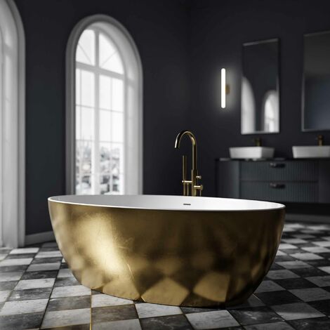 BERNSTEIN - Baignoire îlot ovale en acrylique pour salle de bain, isolation thermique - Blanc / Effet feuille d'Or - 186x88x60cm - TERRA - Options au choix Sans robinet mitigeur, Avec siphon