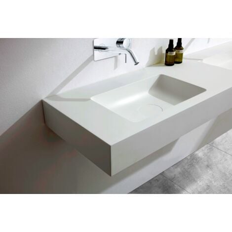 BERNSTEIN - Double Vasque murale suspendue design en fonte minérale pour salle de bain avec bonde et trop plein - 153x45x12 cm - BA8015 - couleur et console métallique au choix Blanc mat, Sans console