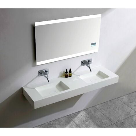 BERNSTEIN - Double Vasque murale suspendue design en fonte minérale pour salle de bain avec bonde et trop plein - 153x45x12 cm - BA8015 - couleur et console métallique au choix Blanc mat, Sans console