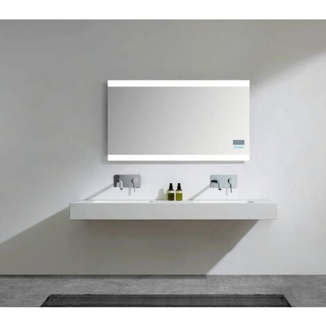 BERNSTEIN - Double Vasque murale suspendue design en fonte minérale pour salle de bain avec bonde et trop plein - 153x45x12 cm - BA8015 - couleur et console métallique au choix Blanc mat, Sans console