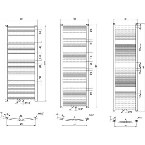 Bernstein – Radiateur sèche-serviettes courbé R20C – Acier inoxydable chrome brillant – Dimensions 1180x500mm – Connexion centrale ou latérale – 382W