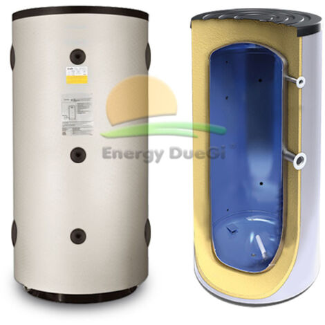 Volano inerziale caldo/freddo per acqua tecnica da 500 litri in acciaio nero. Coibentazione da 50 mm in poliuretano rigido + PVC . Altezza 1610 diametro 750 (1/3)