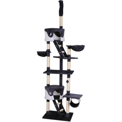 lionto Kratzbaum mit Deckenspanner, 230-250 cm großer Aktivitätsturm mit 2 Höhlen, 2 Liegemulden, Treppen & Spielbällen, grau/weiß
