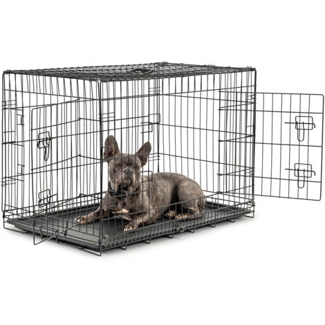 lionto Transportkäfig für Tiere, faltbarer Metallkäfig mit Trennwand, Kunststoffboden & Sicherheitsverriegelung, 92x58x64 cm