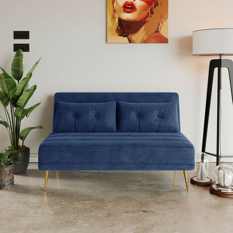 Blue Velvet Foldable 2 Seater Sofa Bed