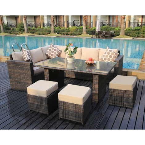 Conservatory Barcelona Range Rattan Brown Garden Furniture Set 9 Seater Dining With Rain Cover - Cube 4 Seater Rattan Effect Patio Set Black 459