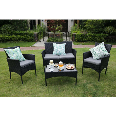 Eton 4 Piece Outdoor Rattan Garden Furniture Conservatory Sofa Black Set With Rain Cover Eton 4 Piece Outdoor Rattan Garden, 4 Piece Rattan Garden Furniture Set Cover