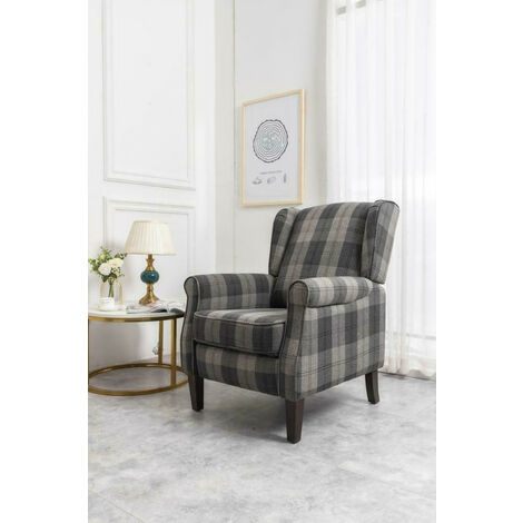 Roomee Russell Wing Back Fabric Recliner Armchair Sofa Chair in Grey Check