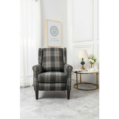 Roomee Russell Wing Back Fabric Recliner Armchair Sofa Chair in Grey Check