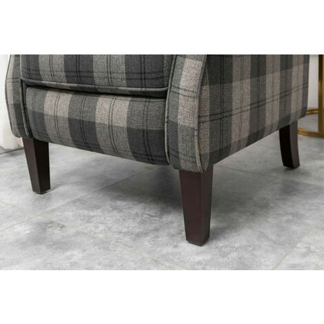 Roomee Russell Wing Back Fabric Recliner Armchair Sofa Chair in Grey Check