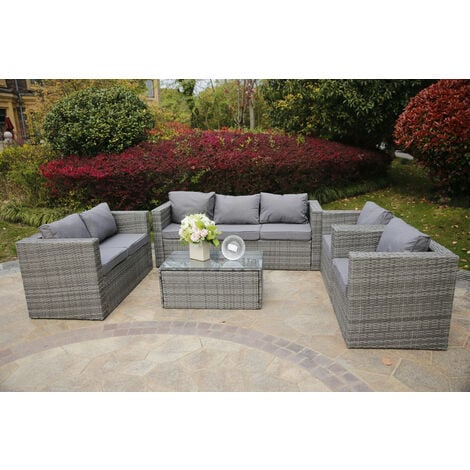 YAKOE VANCOUVER 7 SEATER RATTAN GARDEN SOFA SET IN GREY WITH FITTING COVER - grey