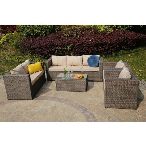 YAKOE VANCOUVER 7 SEATER RATTAN GARDEN SOFA SET IN BROWN WITH FITTING COVER