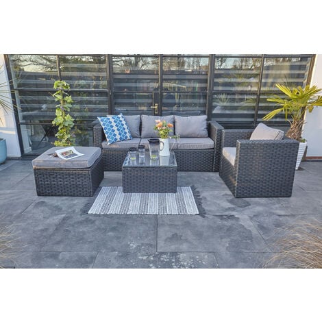 YAKOE VANCOUVER 5 SEATER RATTAN GARDEN SOFA SET IN BLACK WITH FITTING COVER