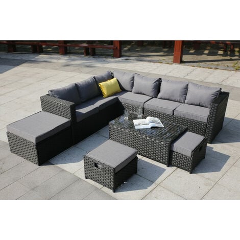 VANCOUVER 9 SEATER CORNER RATTAN GARDEN SET IN BLACK WITH FITTING COVER