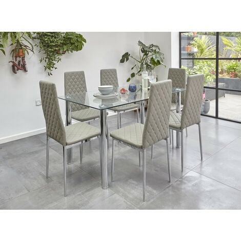 Roomee Glass Dining Table Set with 6 Chairs in Grey Dining Room Furniture - grey