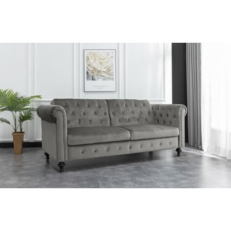 Roomee Living room 3 seater velvet chesterfield style sofa bed in grey - grey
