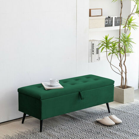 Roomee Upholstered Storage Ottoman Footstool Velvet Bench Multifunction with Hinged lid in green - GREEN